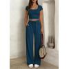 imagePRETTYGARDEN Womens 2 Piece Matching Lounge Sets Ribbed Short Sleeve Crop Tops Wide Leg Pants 2026 Summer Airport OutfitsDark Blue