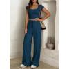 imagePRETTYGARDEN Womens 2 Piece Matching Lounge Sets Ribbed Short Sleeve Crop Tops Wide Leg Pants 2026 Summer Airport OutfitsDark Blue