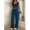 imagePRETTYGARDEN Womens 2 Piece Matching Lounge Sets Ribbed Short Sleeve Crop Tops Wide Leg Pants 2026 Summer Airport OutfitsDark Blue