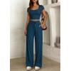 imagePRETTYGARDEN Womens 2 Piece Matching Lounge Sets Ribbed Short Sleeve Crop Tops Wide Leg Pants 2026 Summer Airport OutfitsDark Blue