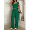 imagePRETTYGARDEN Womens 2 Piece Matching Lounge Sets Ribbed Short Sleeve Crop Tops Wide Leg Pants 2026 Summer Airport OutfitsGreen