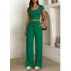 imagePRETTYGARDEN Womens 2 Piece Matching Lounge Sets Ribbed Short Sleeve Crop Tops Wide Leg Pants 2026 Summer Airport OutfitsGreen