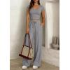 imagePRETTYGARDEN Womens 2 Piece Matching Lounge Sets Ribbed Short Sleeve Crop Tops Wide Leg Pants 2026 Summer Airport OutfitsGrey