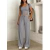 imagePRETTYGARDEN Womens 2 Piece Matching Lounge Sets Ribbed Short Sleeve Crop Tops Wide Leg Pants 2026 Summer Airport OutfitsGrey