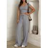 imagePRETTYGARDEN Womens 2 Piece Matching Lounge Sets Ribbed Short Sleeve Crop Tops Wide Leg Pants 2026 Summer Airport OutfitsGrey
