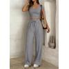 imagePRETTYGARDEN Womens 2 Piece Matching Lounge Sets Ribbed Short Sleeve Crop Tops Wide Leg Pants 2026 Summer Airport OutfitsGrey