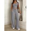 imagePRETTYGARDEN Womens 2 Piece Matching Lounge Sets Ribbed Short Sleeve Crop Tops Wide Leg Pants 2026 Summer Airport OutfitsGrey