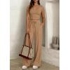 imagePRETTYGARDEN Womens 2 Piece Matching Lounge Sets Ribbed Short Sleeve Crop Tops Wide Leg Pants 2026 Summer Airport OutfitsKhaki