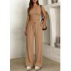 imagePRETTYGARDEN Womens 2 Piece Matching Lounge Sets Ribbed Short Sleeve Crop Tops Wide Leg Pants 2026 Summer Airport OutfitsKhaki