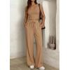 imagePRETTYGARDEN Womens 2 Piece Matching Lounge Sets Ribbed Short Sleeve Crop Tops Wide Leg Pants 2026 Summer Airport OutfitsKhaki