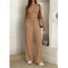 imagePRETTYGARDEN Womens 2 Piece Matching Lounge Sets Ribbed Short Sleeve Crop Tops Wide Leg Pants 2026 Summer Airport OutfitsKhaki