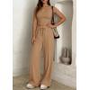 imagePRETTYGARDEN Womens 2 Piece Matching Lounge Sets Ribbed Short Sleeve Crop Tops Wide Leg Pants 2026 Summer Airport OutfitsKhaki