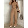 imagePRETTYGARDEN Womens 2 Piece Matching Lounge Sets Ribbed Short Sleeve Crop Tops Wide Leg Pants 2026 Summer Airport OutfitsKhaki