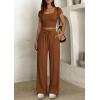 imagePRETTYGARDEN Womens 2 Piece Matching Lounge Sets Ribbed Short Sleeve Crop Tops Wide Leg Pants 2026 Summer Airport OutfitsLight Brown