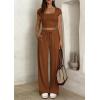 imagePRETTYGARDEN Womens 2 Piece Matching Lounge Sets Ribbed Short Sleeve Crop Tops Wide Leg Pants 2026 Summer Airport OutfitsLight Brown