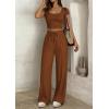 imagePRETTYGARDEN Womens 2 Piece Matching Lounge Sets Ribbed Short Sleeve Crop Tops Wide Leg Pants 2026 Summer Airport OutfitsLight Brown