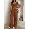 imagePRETTYGARDEN Womens 2 Piece Matching Lounge Sets Ribbed Short Sleeve Crop Tops Wide Leg Pants 2026 Summer Airport OutfitsLight Brown