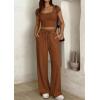 imagePRETTYGARDEN Womens 2 Piece Matching Lounge Sets Ribbed Short Sleeve Crop Tops Wide Leg Pants 2026 Summer Airport OutfitsLight Brown