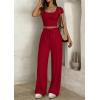 imagePRETTYGARDEN Womens 2 Piece Matching Lounge Sets Ribbed Short Sleeve Crop Tops Wide Leg Pants 2026 Summer Airport OutfitsRed