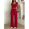 imagePRETTYGARDEN Womens 2 Piece Matching Lounge Sets Ribbed Short Sleeve Crop Tops Wide Leg Pants 2026 Summer Airport OutfitsRed