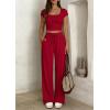 imagePRETTYGARDEN Womens 2 Piece Matching Lounge Sets Ribbed Short Sleeve Crop Tops Wide Leg Pants 2026 Summer Airport OutfitsRed