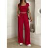imagePRETTYGARDEN Womens 2 Piece Matching Lounge Sets Ribbed Short Sleeve Crop Tops Wide Leg Pants 2026 Summer Airport OutfitsRed