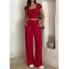 imagePRETTYGARDEN Womens 2 Piece Matching Lounge Sets Ribbed Short Sleeve Crop Tops Wide Leg Pants 2026 Summer Airport OutfitsRed