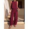 imagePRETTYGARDEN Womens 2 Piece Sets 2026 Summer Plaid Sleeveless Tops Wide Leg Pants Matching Lounge Set Beach Vacation OutfitsPlaid Black Red