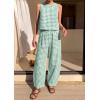 imagePRETTYGARDEN Womens 2 Piece Sets 2026 Summer Plaid Sleeveless Tops Wide Leg Pants Matching Lounge Set Beach Vacation OutfitsPlaid Green White