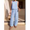 imagePRETTYGARDEN Womens 2 Piece Sets 2026 Summer Plaid Sleeveless Tops Wide Leg Pants Matching Lounge Set Beach Vacation OutfitsPlaid Light Blue White