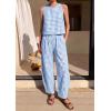 imagePRETTYGARDEN Womens 2 Piece Sets 2026 Summer Plaid Sleeveless Tops Wide Leg Pants Matching Lounge Set Beach Vacation OutfitsPlaid Light Blue White