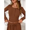 imagePRETTYGARDEN Womens 2026 Fall Trendy 2 Piece Outfits Lounge Sets Long Sleeve Top Henley Shirts Wide Leg Pants Travel ClothesBrown