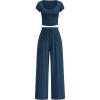 imagePRETTYGARDEN Womens 2 Piece Matching Lounge Sets Ribbed Short Sleeve Crop Tops Wide Leg Pants 2026 Summer Airport OutfitsDark Blue