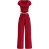 imagePRETTYGARDEN Womens 2 Piece Matching Lounge Sets Ribbed Short Sleeve Crop Tops Wide Leg Pants 2026 Summer Airport OutfitsRed