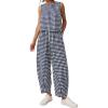 imagePRETTYGARDEN Womens 2 Piece Sets 2026 Summer Plaid Sleeveless Tops Wide Leg Pants Matching Lounge Set Beach Vacation OutfitsPlaid Navy White