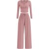 imagePRETTYGARDEN Womens 2026 Fall Trendy 2 Piece Outfits Lounge Sets Long Sleeve Top Henley Shirts Wide Leg Pants Travel ClothesPink