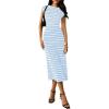 imagePRETTYGARDEN Womens 2026 Summer Bodycon Midi Dress Casual Striped Cap Sleeve Party Wedding Guest Dresses Vacation OutfitsStriped Light Blue White