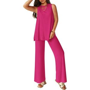 imagePRETTYGARDEN 2 Piece Lounge Sets for Women Summer Airport Travel Outfit 2026 Casual Matching Spring Clothes Track Sweat SuitsRose Red