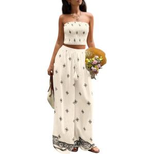 imagePRETTYGARDEN 2 Piece Sets for Women Summer 2026 Travel Outfits Print Tube Tops Wide Leg Pants Beach Vacation ClothesBeige