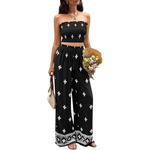 imagePRETTYGARDEN 2 Piece Sets for Women Summer 2026 Travel Outfits Print Tube Tops Wide Leg Pants Beach Vacation ClothesBlack