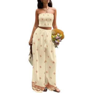 imagePRETTYGARDEN 2 Piece Sets for Women Summer 2026 Travel Outfits Print Tube Tops Wide Leg Pants Beach Vacation ClothesLight Yellow