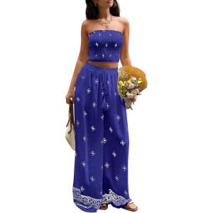 imagePRETTYGARDEN 2 Piece Sets for Women Summer 2026 Travel Outfits Print Tube Tops Wide Leg Pants Beach Vacation ClothesRoyal Blue