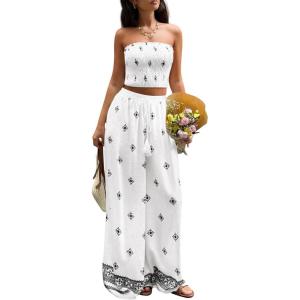 imagePRETTYGARDEN 2 Piece Sets for Women Summer 2026 Travel Outfits Print Tube Tops Wide Leg Pants Beach Vacation ClothesWhite