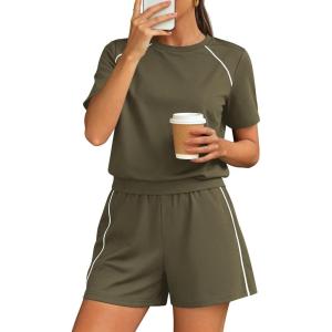 imagePRETTYGARDEN 2 Piece Short Sets for Women Summer Clothes 2026 Spring Matching Athleisure Lounge Set Airport Travel OutfitsArmy Green
