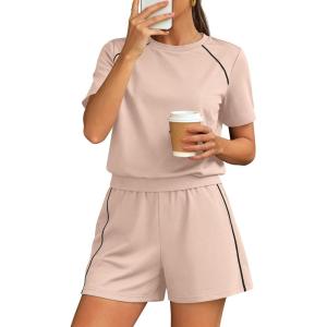 imagePRETTYGARDEN 2 Piece Short Sets for Women Summer Clothes 2026 Spring Matching Athleisure Lounge Set Airport Travel OutfitsBeige