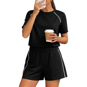 imagePRETTYGARDEN 2 Piece Short Sets for Women Summer Clothes 2026 Spring Matching Athleisure Lounge Set Airport Travel OutfitsBlack