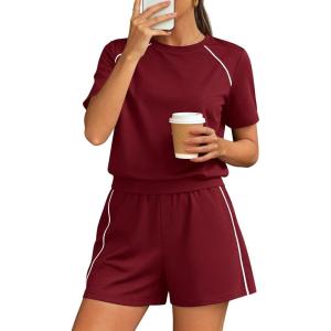 imagePRETTYGARDEN 2 Piece Short Sets for Women Summer Clothes 2026 Spring Matching Athleisure Lounge Set Airport Travel OutfitsBurgundy