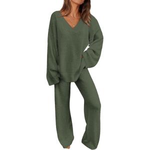 imagePRETTYGARDEN Lounge Sets for Women Two Piece Sweaters Pajama Set Fall Fashion 2026 Loungewear Outfits Matching Winter ClothesArmy Green