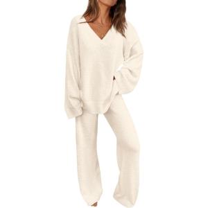 imagePRETTYGARDEN Lounge Sets for Women Two Piece Sweaters Pajama Set Fall Fashion 2026 Loungewear Outfits Matching Winter ClothesBeige
