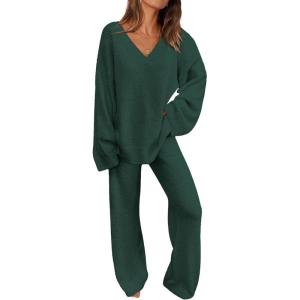 imagePRETTYGARDEN Lounge Sets for Women Two Piece Sweaters Pajama Set Fall Fashion 2026 Loungewear Outfits Matching Winter ClothesDark Green